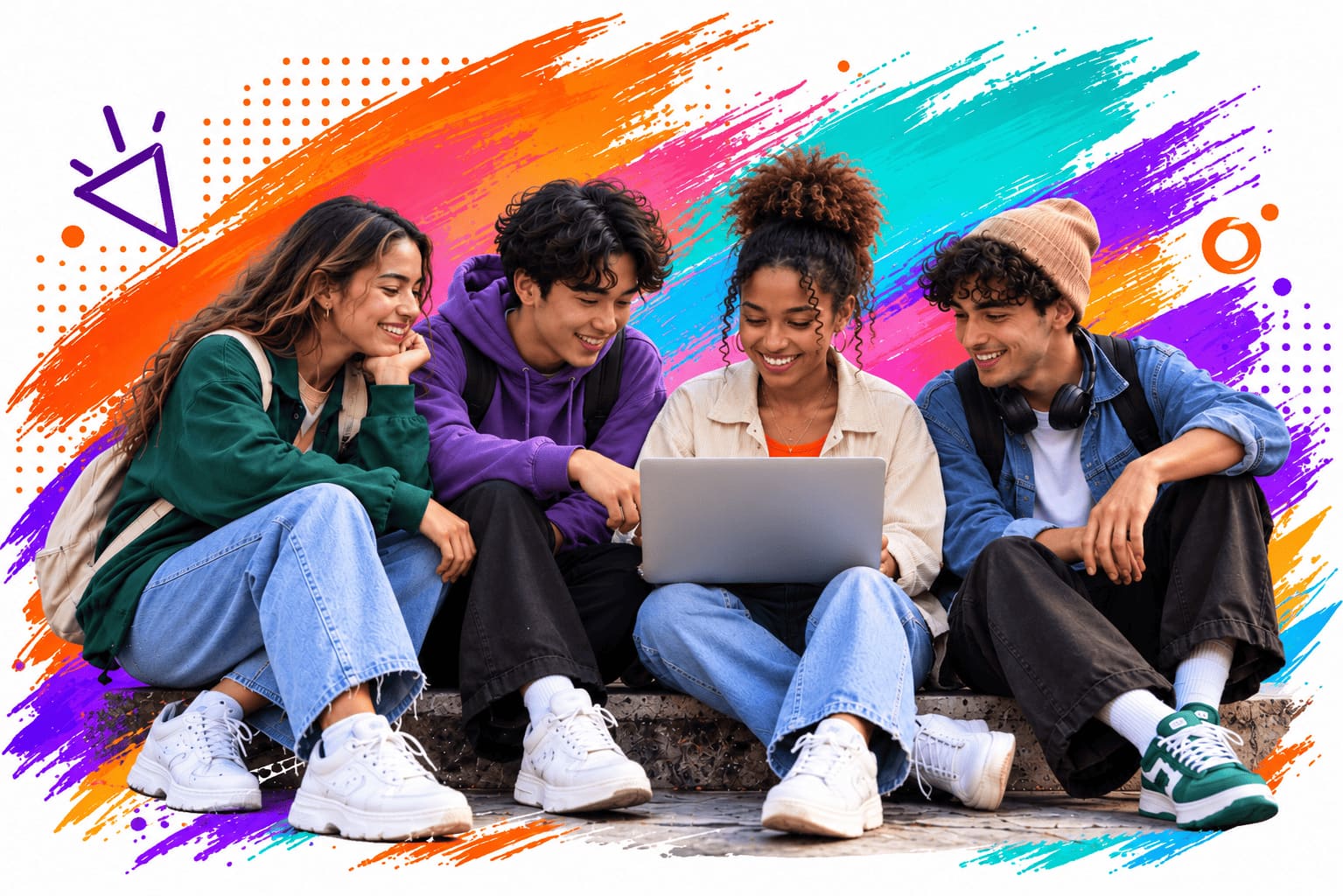 Four young innovators gathered around a laptop